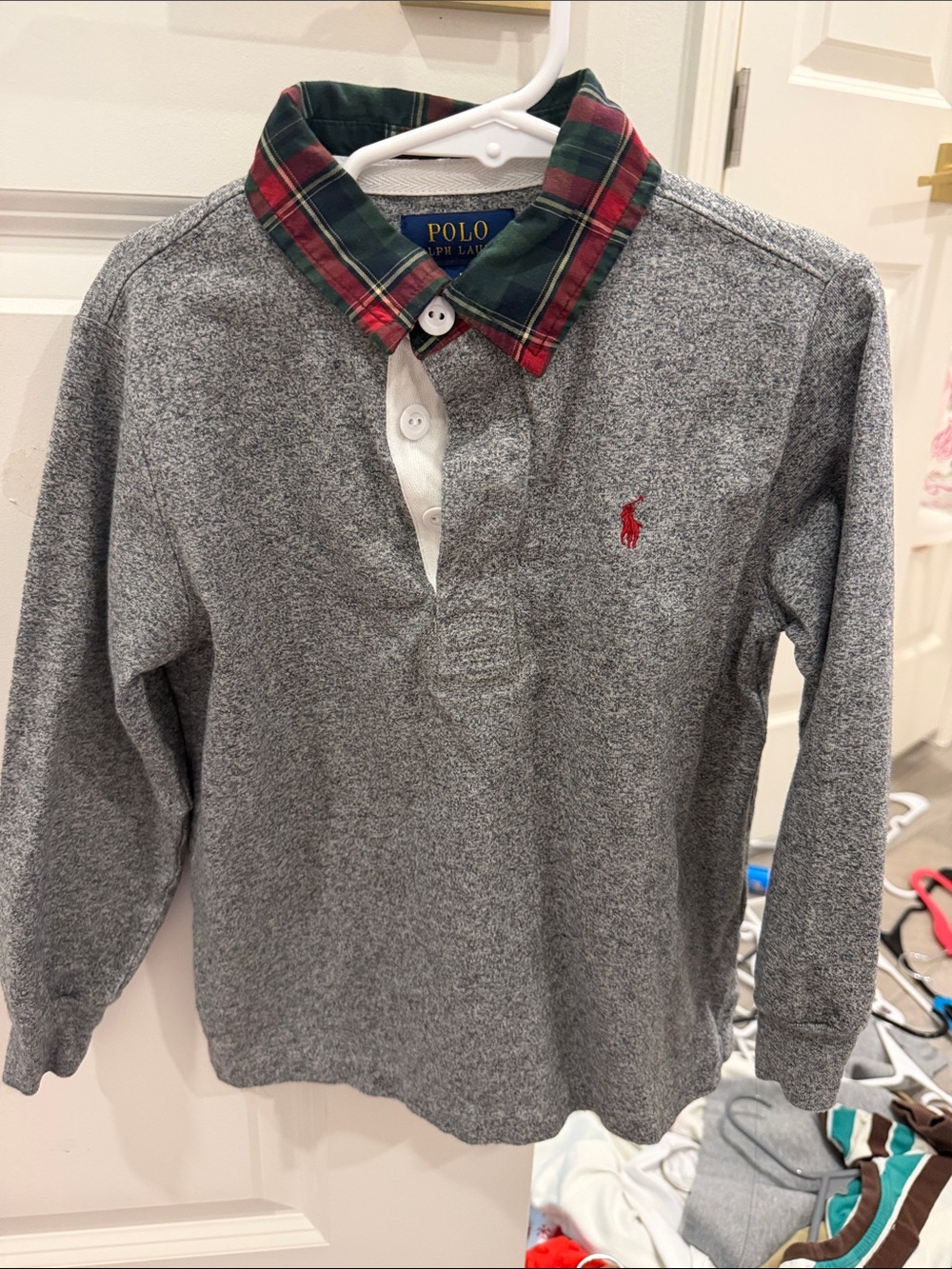Polo by Ralph Lauren Gray Rugby Shirt with Red Pony & Green Plaid Collar